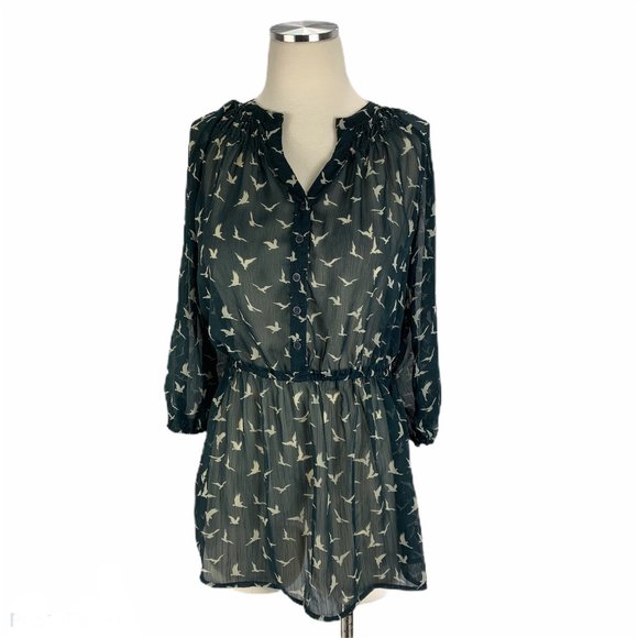 Mossimo Medium Navy Bird Sheer Blouse Boho - Picture 1 of 5